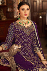 Purple Georgette Embroidered Round Neck Pakistani Salwar Kameez