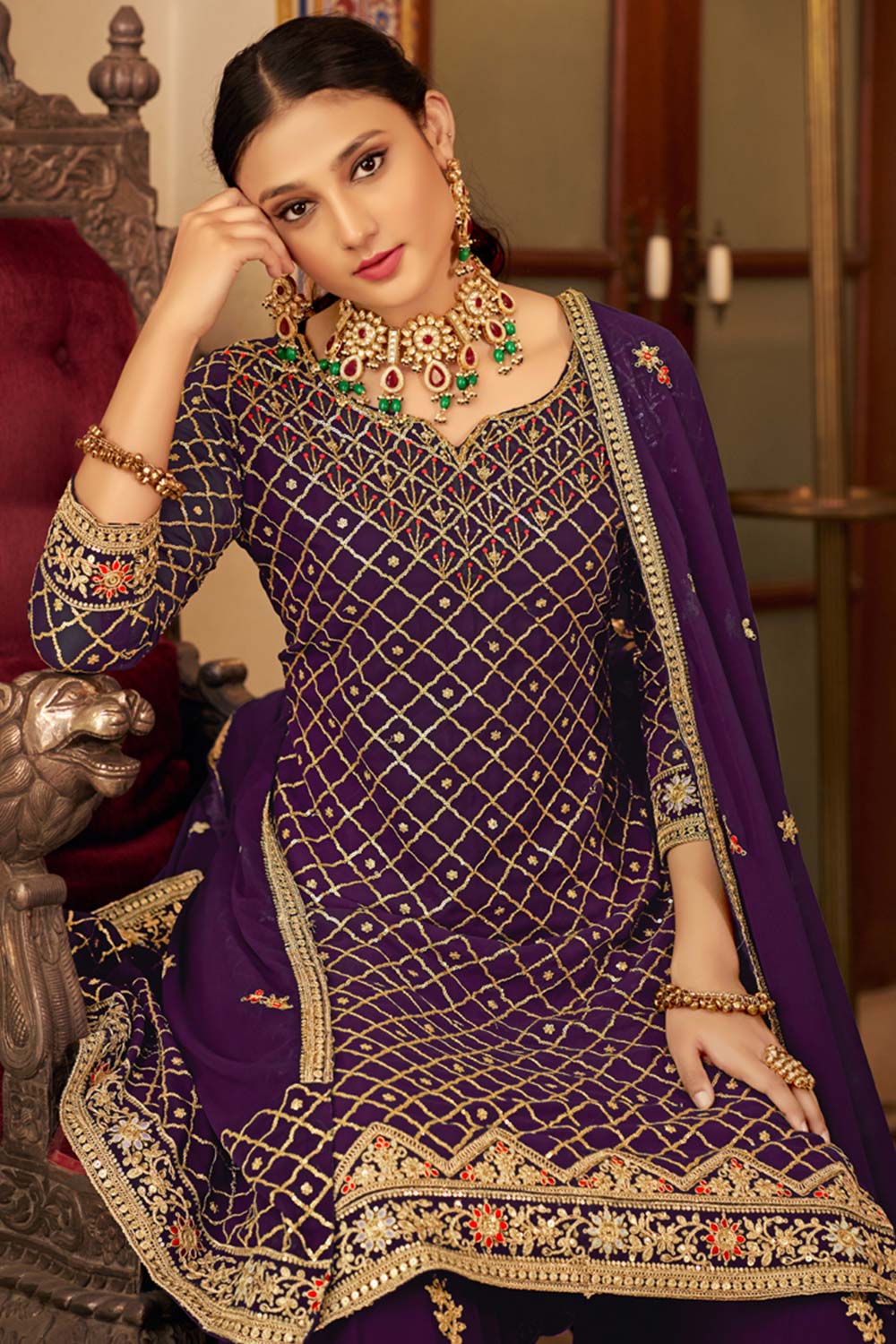 Purple Georgette Embroidered Round Neck Pakistani Salwar Kameez