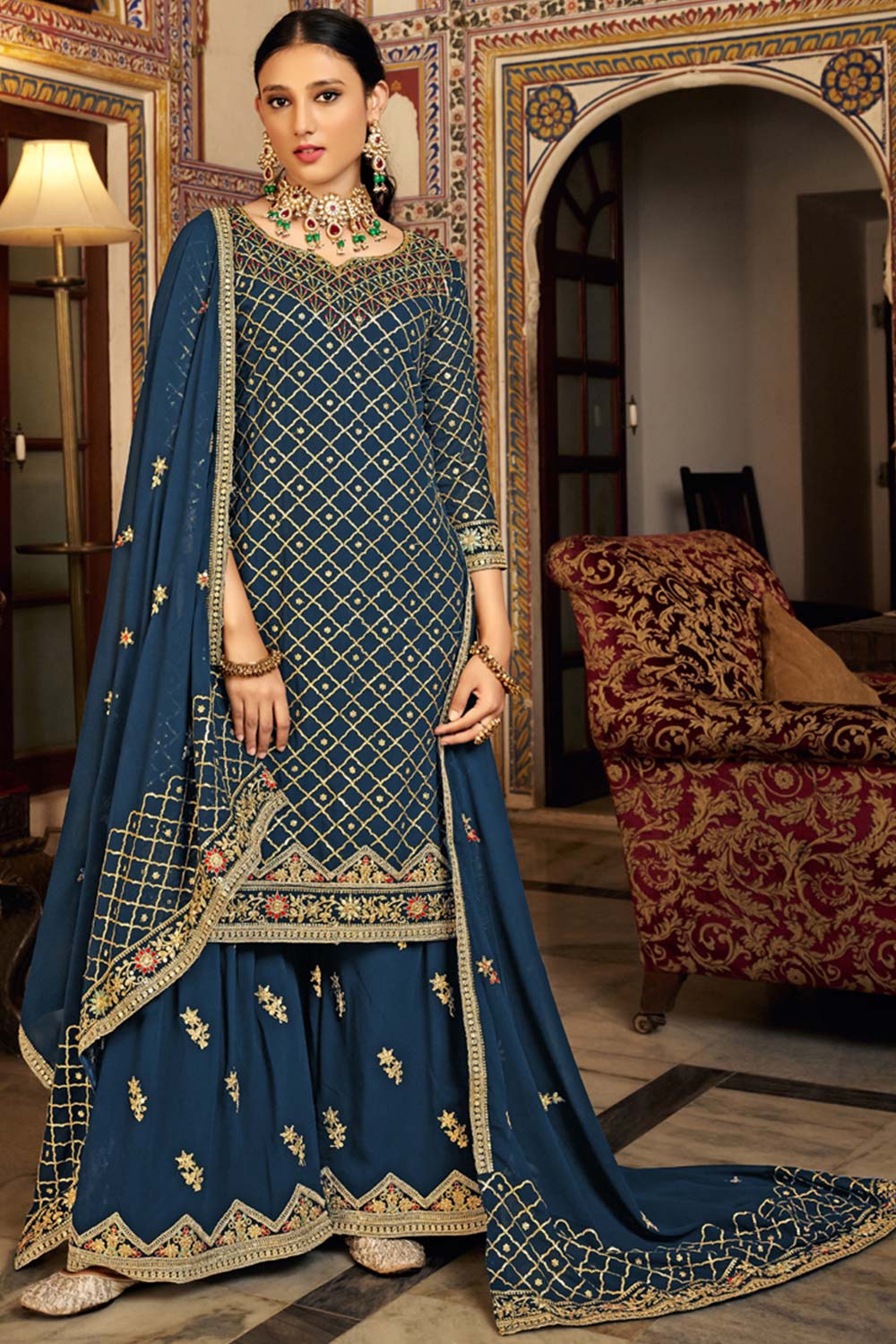 Aqua Blue Georgette Embroidered Round Neck Pakistani Salwar Kameez