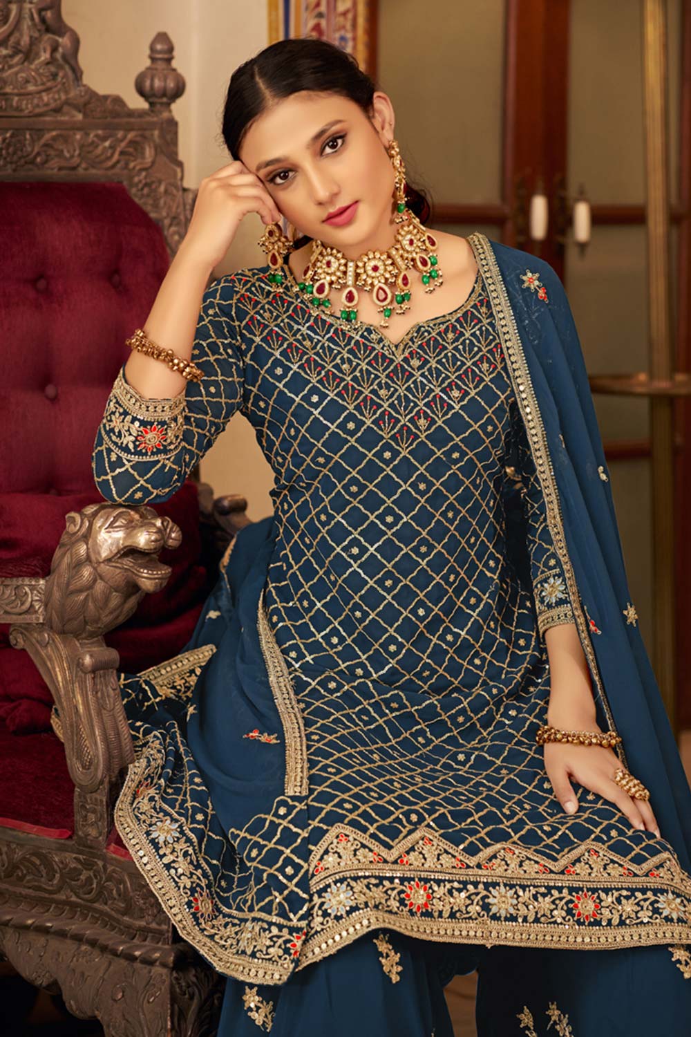 Aqua Blue Georgette Embroidered Round Neck Pakistani Salwar Kameez