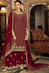 Maroon Georgette Embroidered Round Neck Pakistani Salwar Kameez