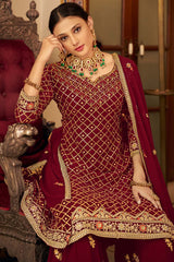 Maroon Georgette Embroidered Round Neck Pakistani Salwar Kameez