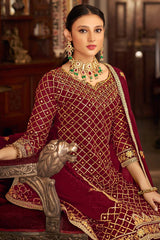 Maroon Georgette Embroidered Round Neck Pakistani Salwar Kameez