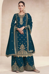 Teal Silk Embroidered Readymade Suits
