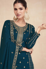 Teal Silk Embroidered Readymade Suits