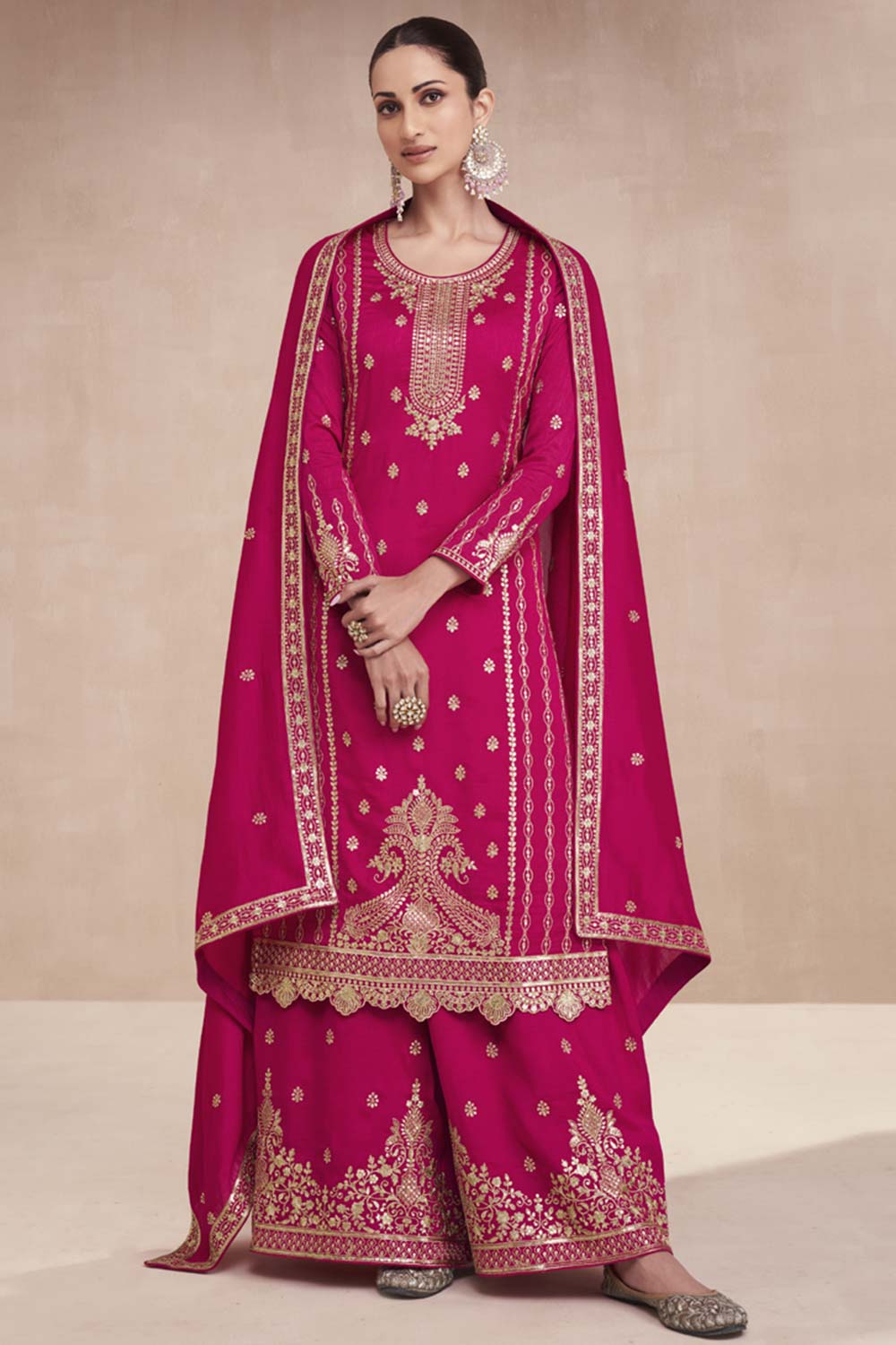 Rani pink Silk Embroidered Readymade Suits