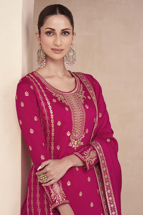 Rani pink Silk Embroidered Readymade Suits