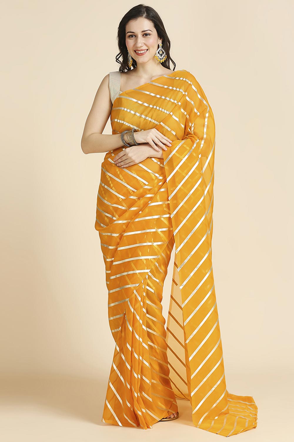 Yellow Kota Leheriya Organza Saree With Shimmer Unstitch Blouse