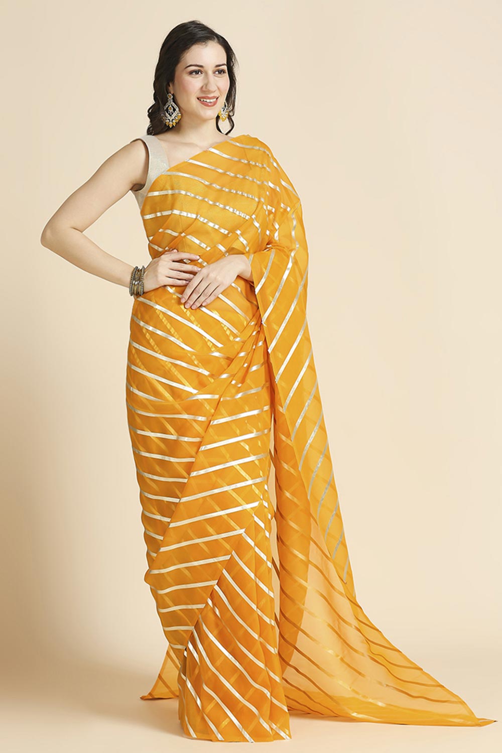 Yellow Kota Leheriya Organza Saree With Shimmer Unstitch Blouse