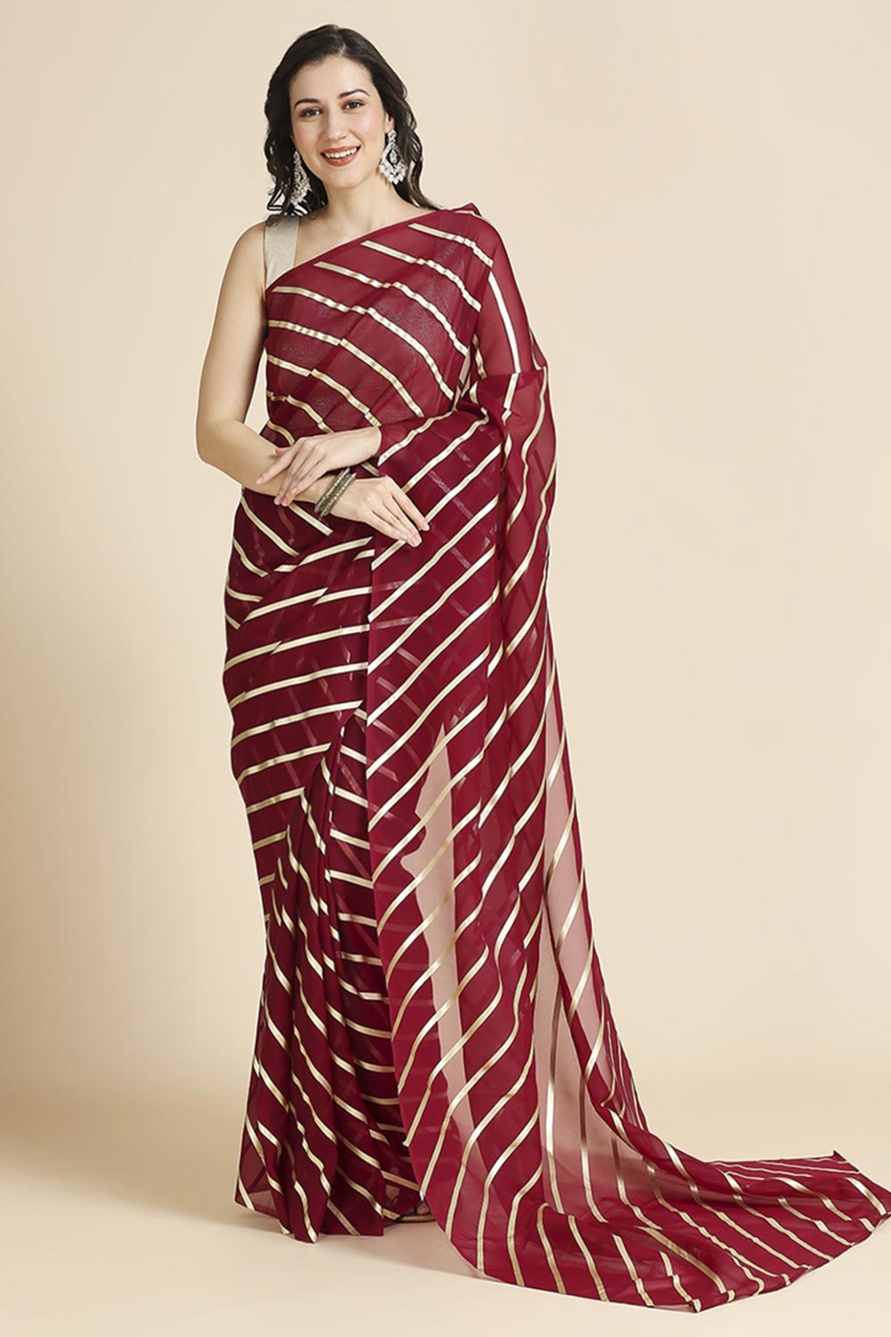 Wine Kota Leheriya Organza Saree With Shimmer Unstitch Blouse