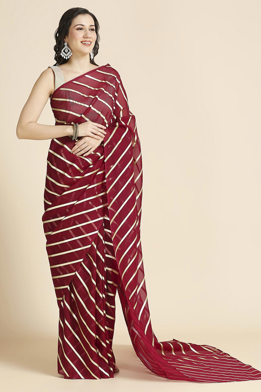 Wine Kota Leheriya Organza Saree With Shimmer Unstitch Blouse