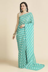 Turquoise Kota Leheriya Organza Saree With Shimmer Unstitch Blouse