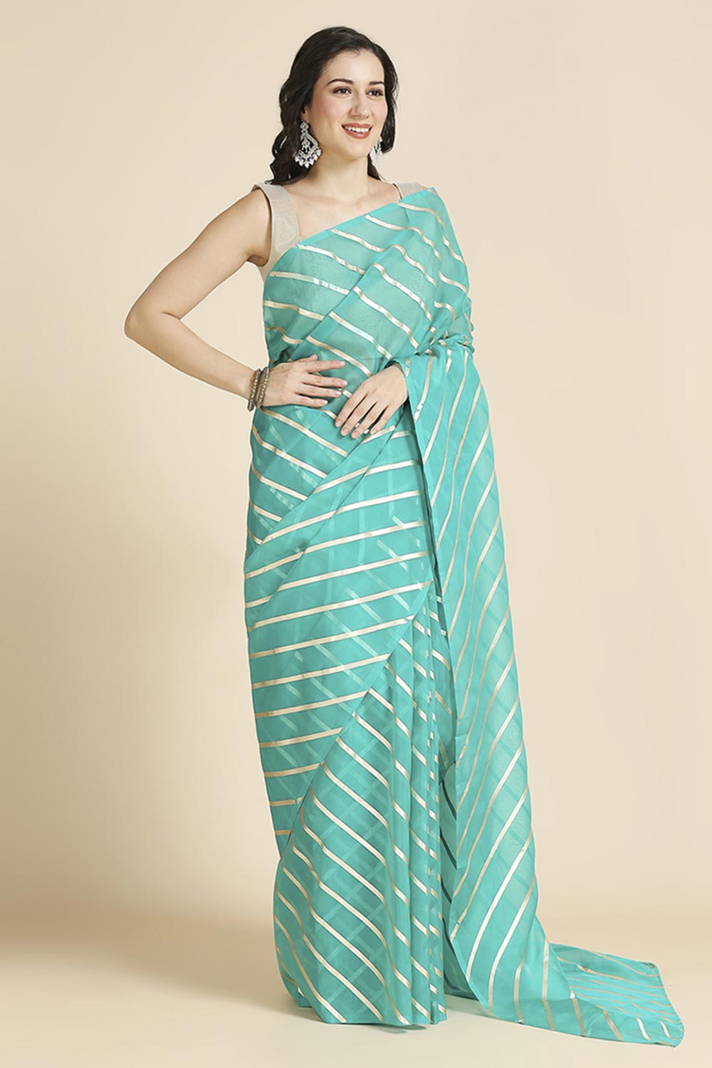 Turquoise Kota Leheriya Organza Saree With Shimmer Unstitch Blouse