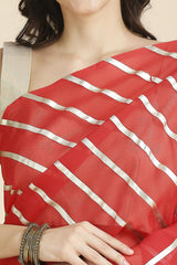 Red Kota Leheriya Organza Saree With Shimmer Unstitch Blouse