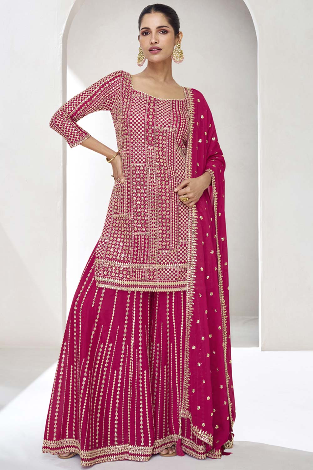 Pink Silk Embroidered Elbow Sleeve Round Neck Pakistani Salwar Kameez