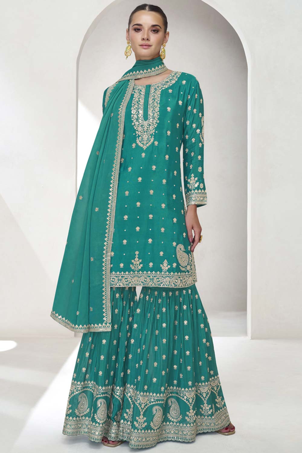 Turquoise Silk Embroidered Elbow Sleeve Round Neck Pakistani Salwar Kameez