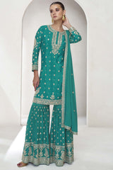 Turquoise Silk Embroidered Elbow Sleeve Round Neck Pakistani Salwar Kameez