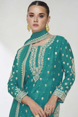 Turquoise Silk Embroidered Elbow Sleeve Round Neck Pakistani Salwar Kameez