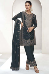 Dark-Grey Silk Embroidered Full Sleeve Round Neck Pakistani Salwar Kameez