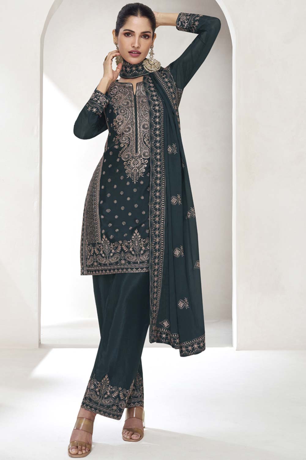 Dark-Grey Silk Embroidered Full Sleeve Round Neck Pakistani Salwar Kameez