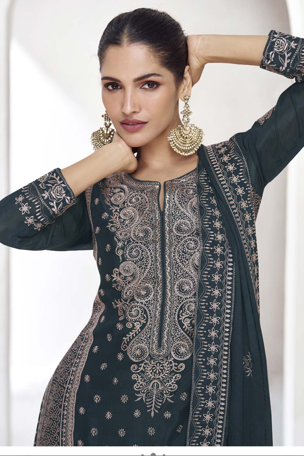 Dark-Grey Silk Embroidered Full Sleeve Round Neck Pakistani Salwar Kameez