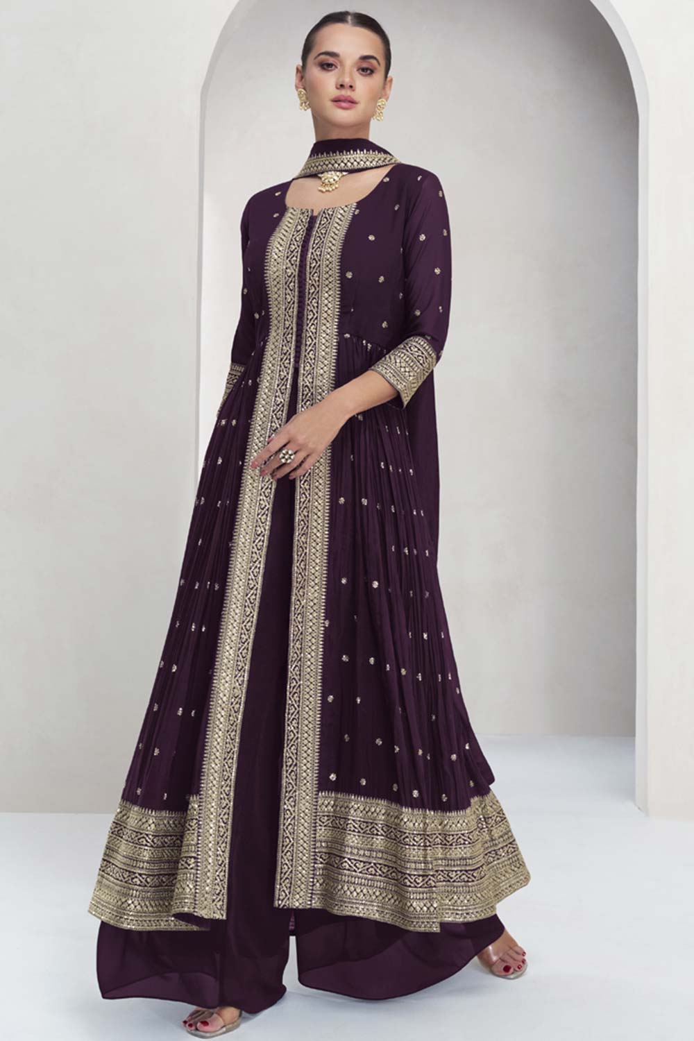 Wine Georgette Embroidered Elbow Sleeve Round Neck Pakistani Salwar Kameez