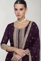 Wine Georgette Embroidered Elbow Sleeve Round Neck Pakistani Salwar Kameez