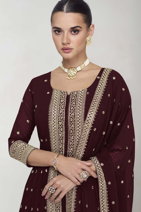 Brown Georgette Embroidered Elbow Sleeve Round Neck Pakistani Salwar Kameez