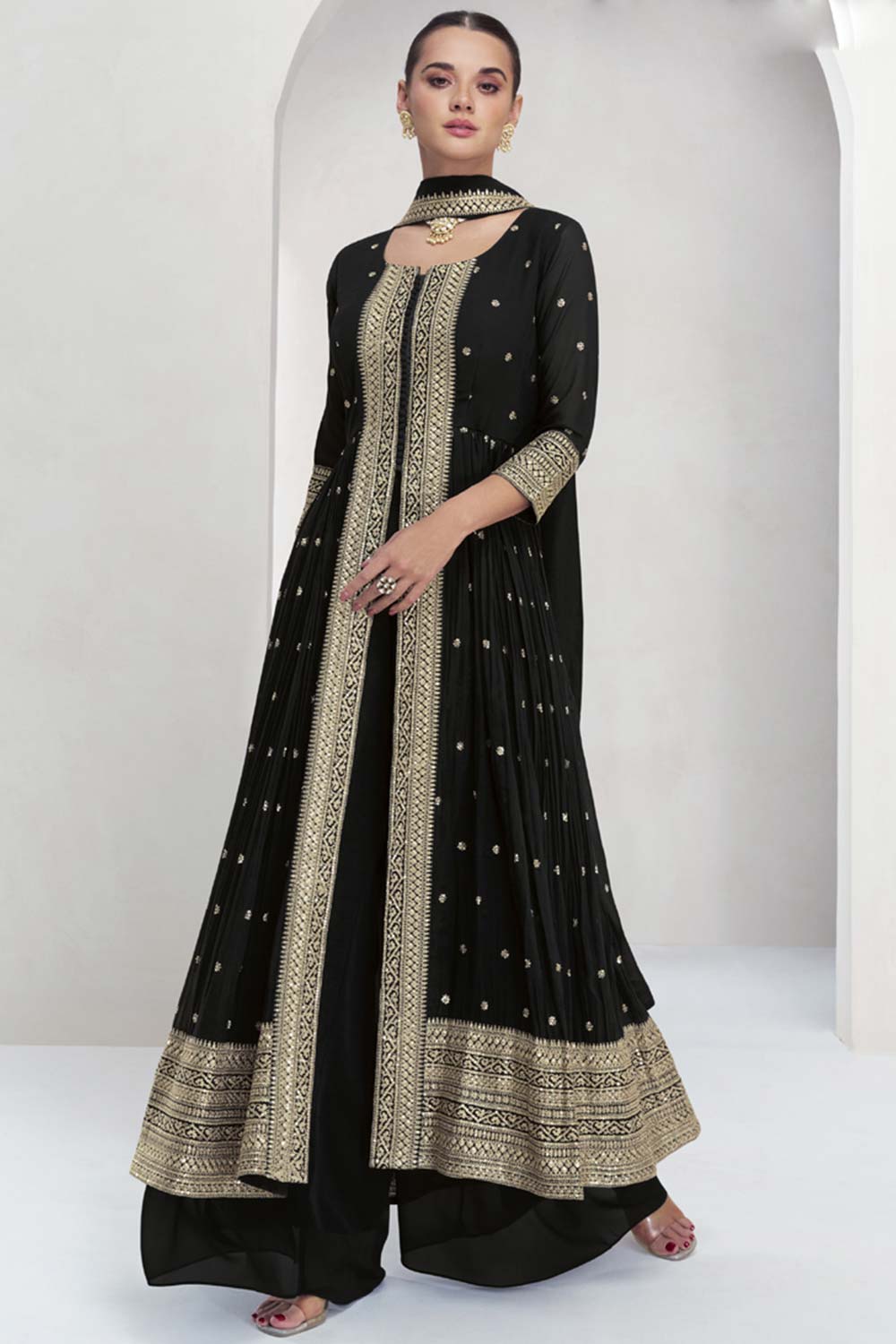 Black Georgette Embroidered Elbow Sleeve Round Neck Pakistani Salwar Kameez