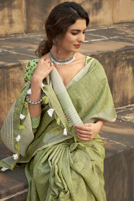 Green Printed Silk Saree