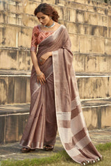 Brown Printed Silk Saree