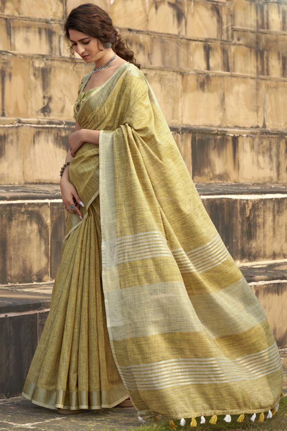 Beige Printed Silk Saree