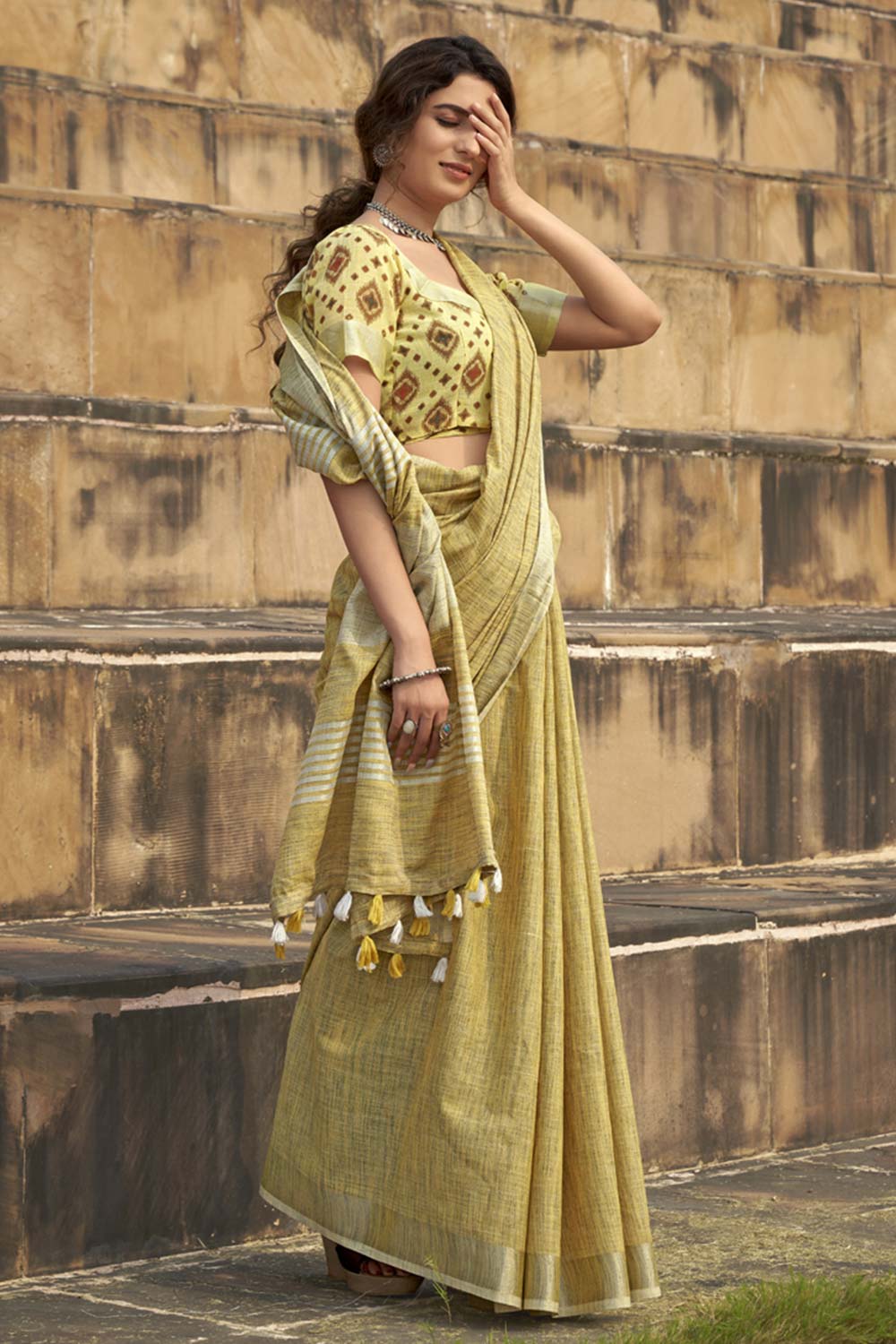 Beige Printed Silk Saree