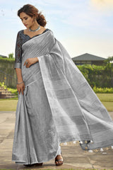 Grey Printed Silk Saree