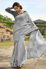 Grey Printed Silk Saree