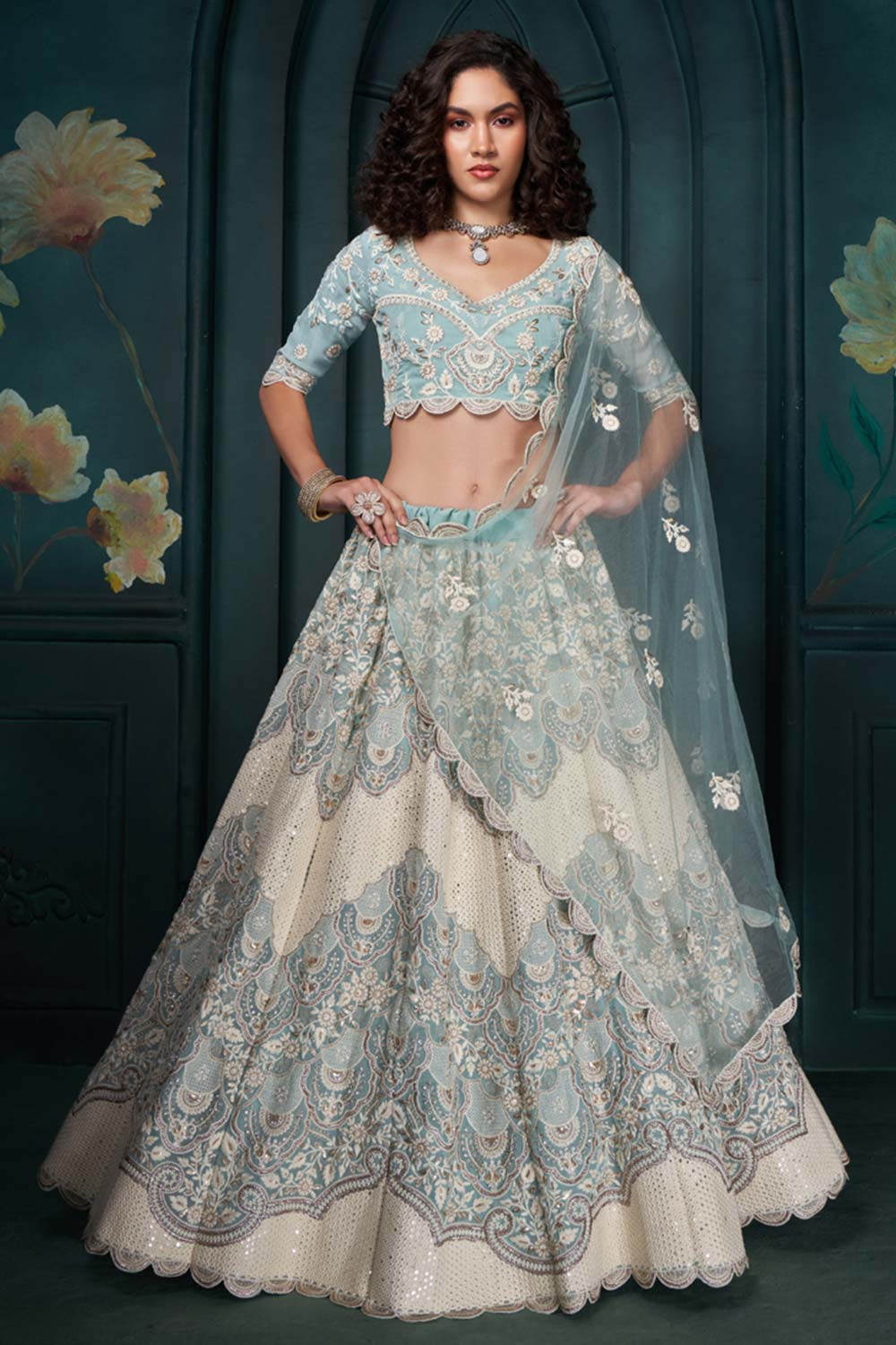 Blue Georgette Embroidered Lehenga