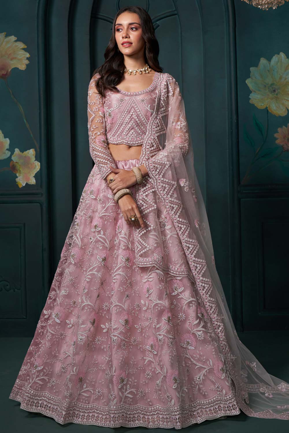 Dusty Pink Net Embroidered Lehenga