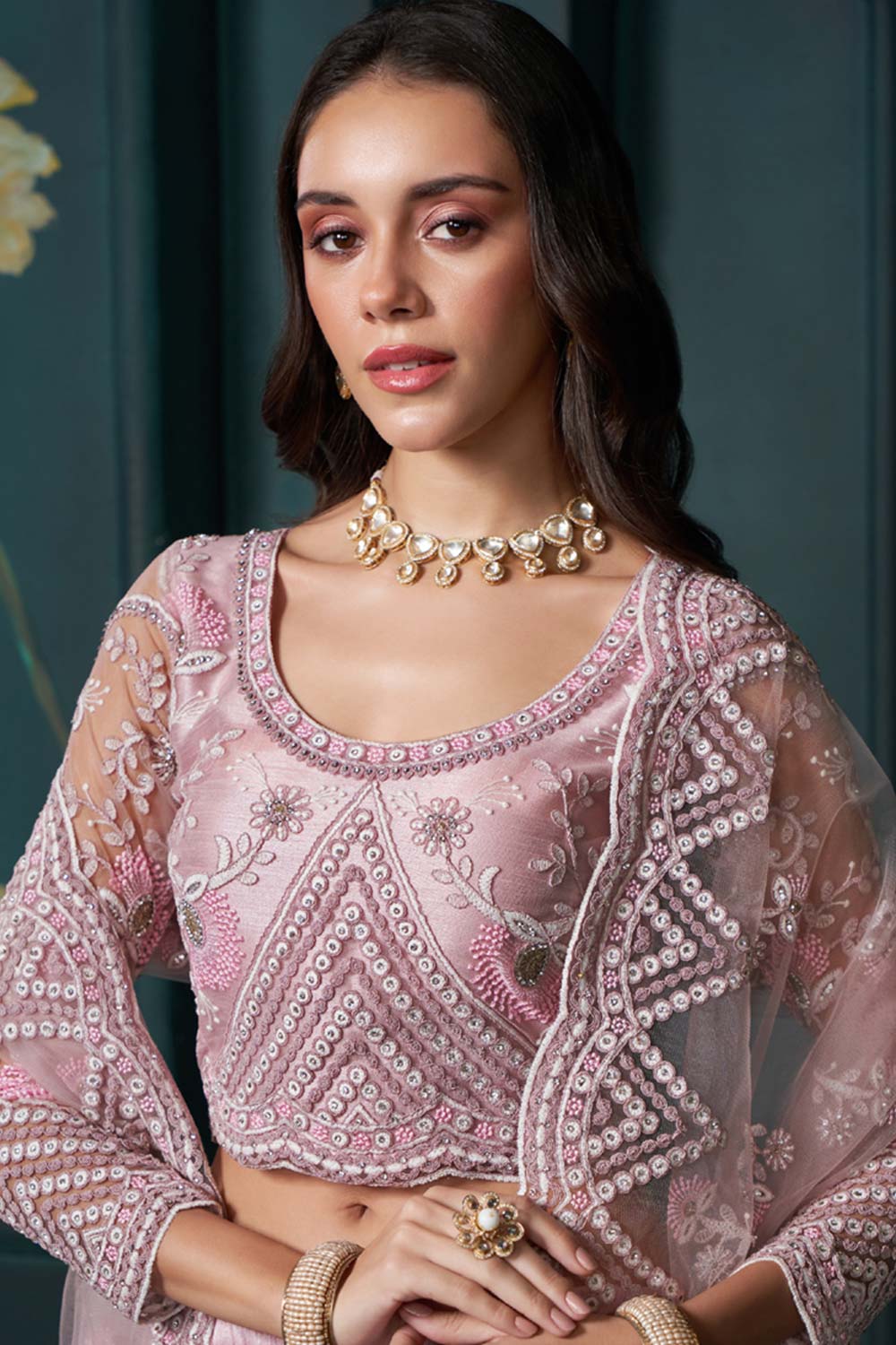 Dusty Pink Net Embroidered Lehenga