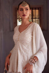 Off-White Georgette Embroidered Elbow Sleeve V Neck Pakistani Salwar Kameez