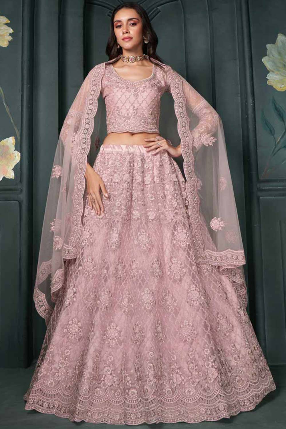 Dusty Pink Net Embroidery Bridal Lehenga