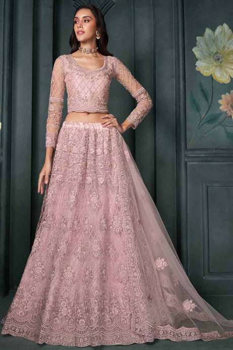 Dusty Pink Net Embroidery Bridal Lehenga