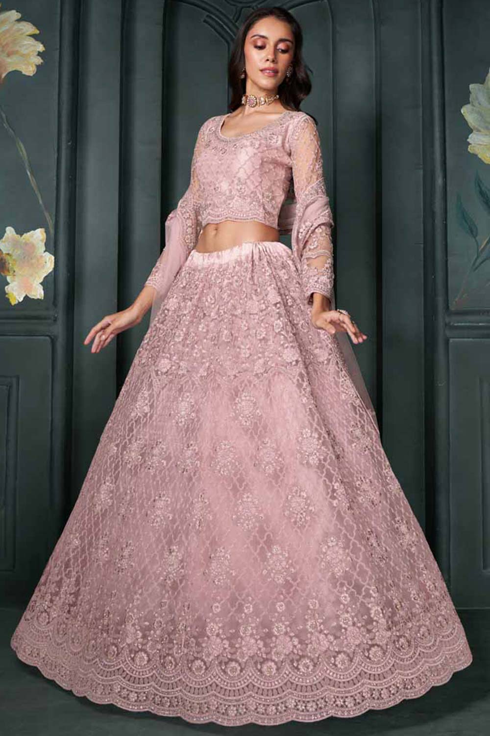 Dusty Pink Net Embroidery Bridal Lehenga