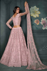 Dusty Pink Net Embroidery Bridal Lehenga