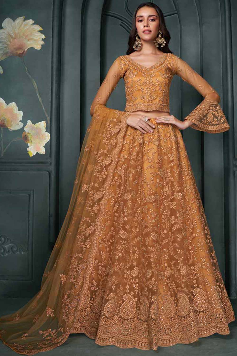 Orange Net Embroidery Bridal Lehenga