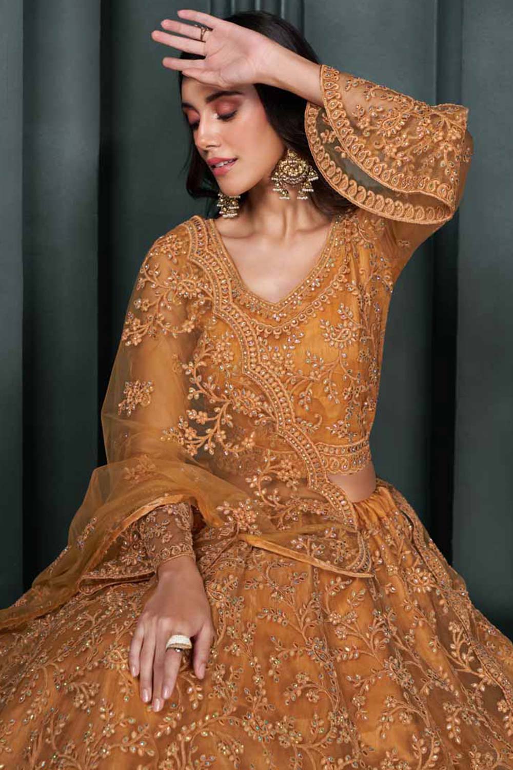 Orange Net Embroidery Bridal Lehenga