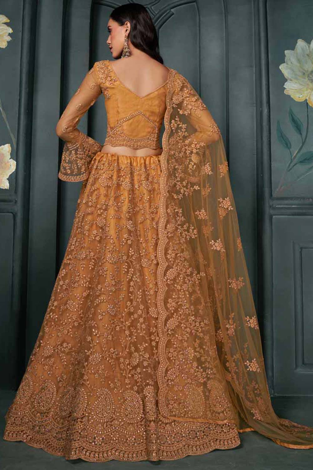 Orange Net Embroidery Bridal Lehenga