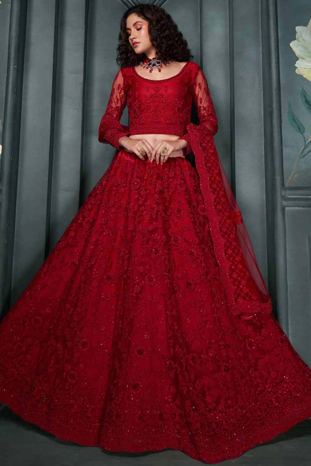 Red Net Embroidery Bridal Lehenga