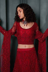 Red Net Embroidery Bridal Lehenga