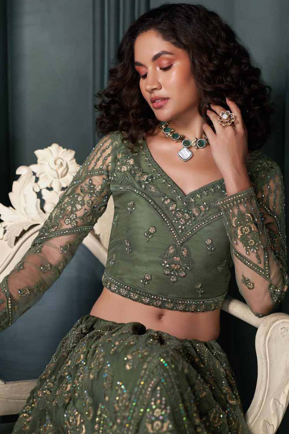 Mehendi Net Embroidery Bridal Lehenga