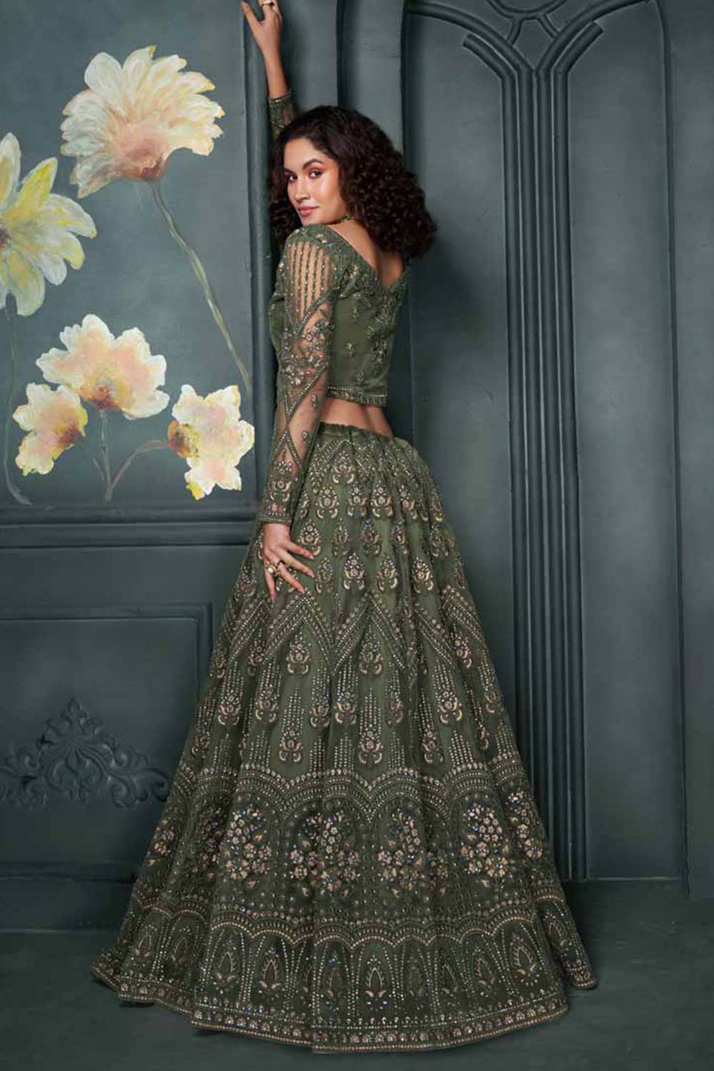 Mehendi Net Embroidery Bridal Lehenga